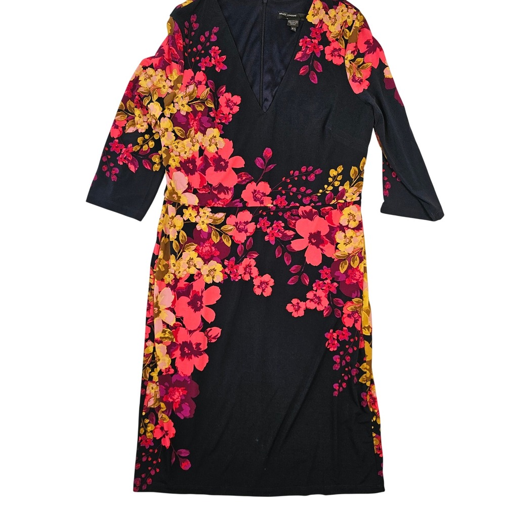 Maggy London Floral V-Neck Sheath Dress Navy Blue Pink Orange Size 8